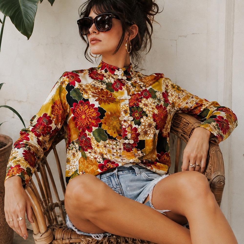 Vintage Chicos Design Silk Blouse Size 2 US12 Floral Mandarin Collar Artsy Boho